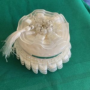 Vtg White/Ivory Round Lace Trinket Box with Pearls, Silver Beads and Tassel